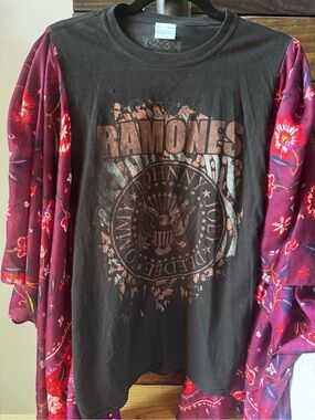 Ramones Upcycled Custom Made Poncho Graphic Tee in Black with Rust Print